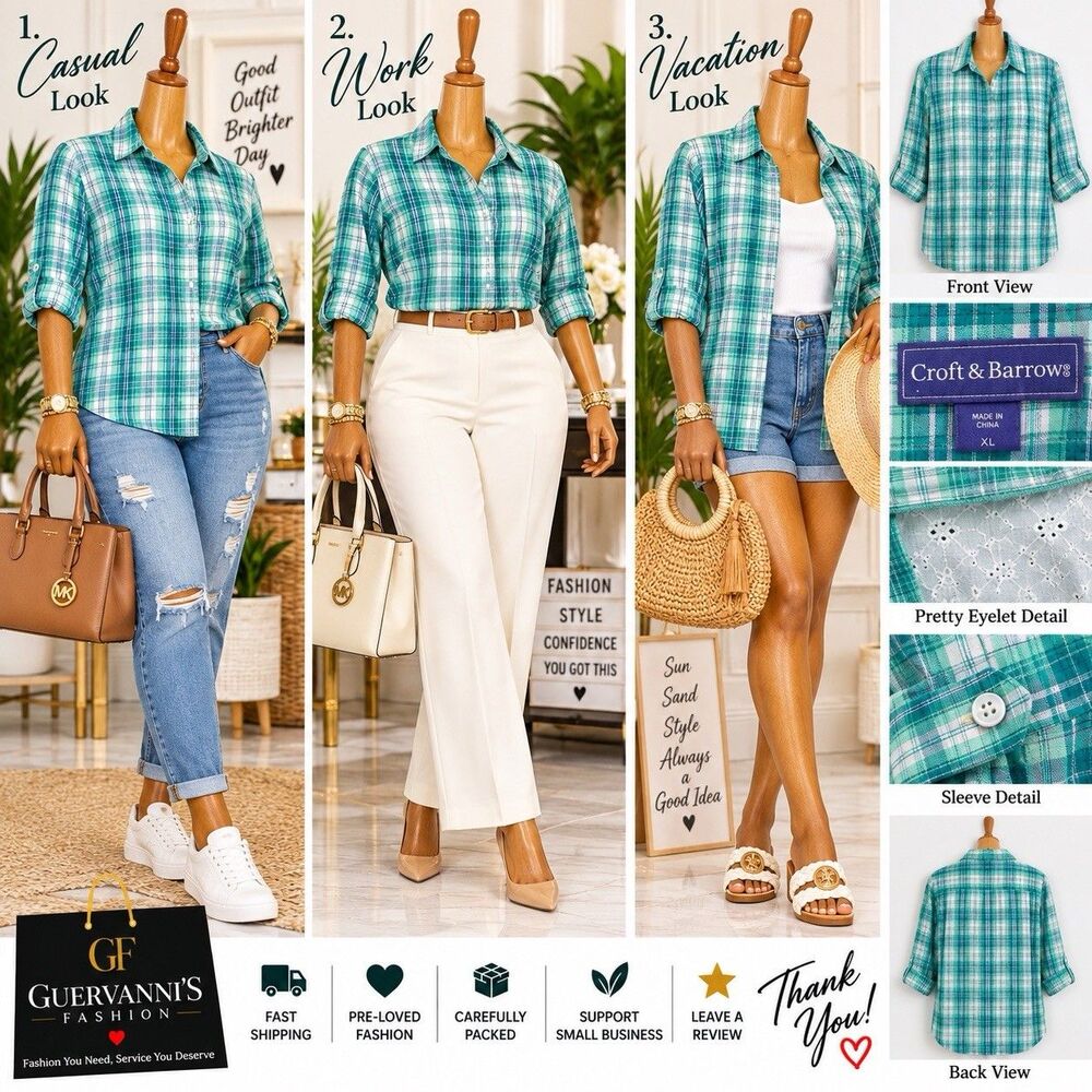 Croft & Barrow Womens Button-Up  XL Green Blue Plaid shirt cotton Eyelet